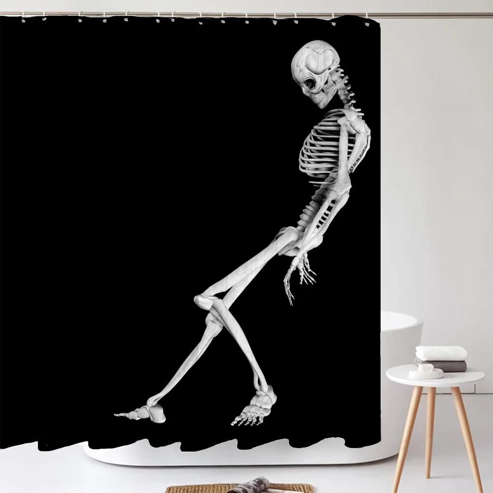 Lustiger Totenkopf Skelett Halloween Aufdruck Duschvorhang Badezimmer Vorhänge Heimdekor Wasserdicht Polyesterstoff mit Haken