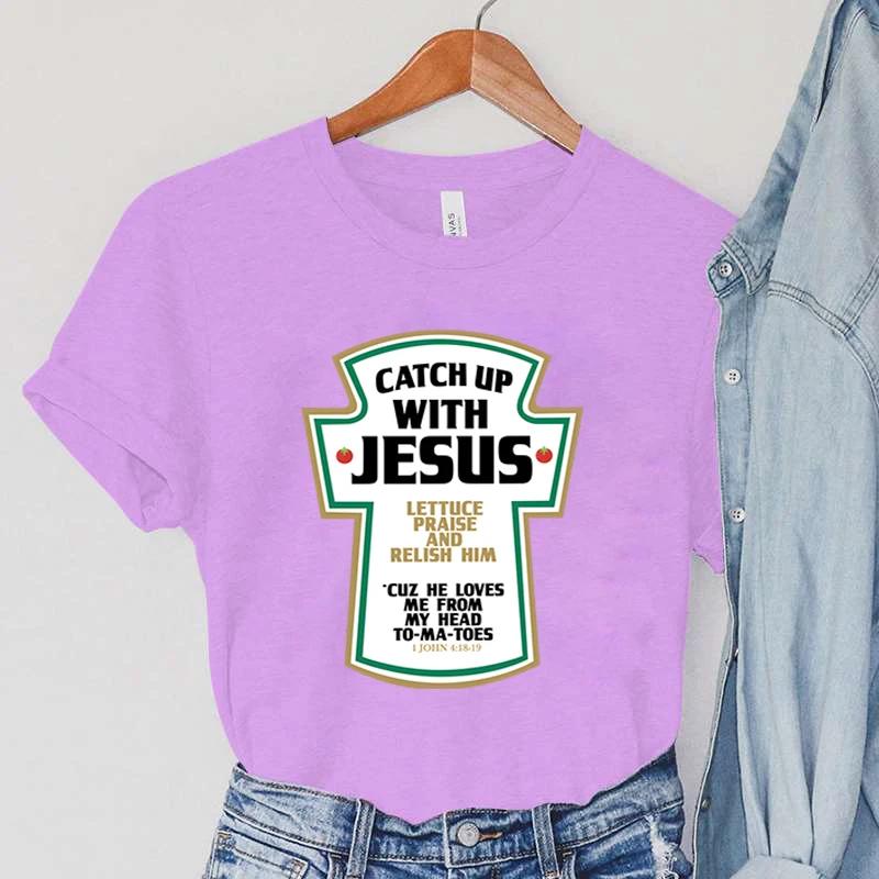 Catch Up with Jesus Dámská trička Vintage biblické verše Dámské topy Harajuku Křesťanská parodie Dámské oblečení s krátkým rukávem