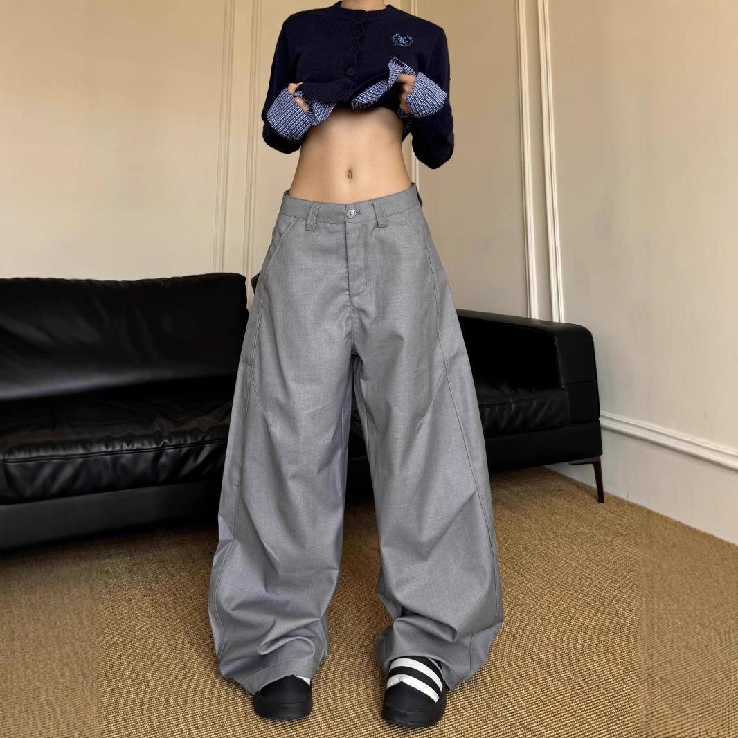

Женские брюки-костюм в американском ретро-стиле Y2K, свободные повседневные винтажные плиссированные брюки с широкими штанинами, длинные брюки XXL серый