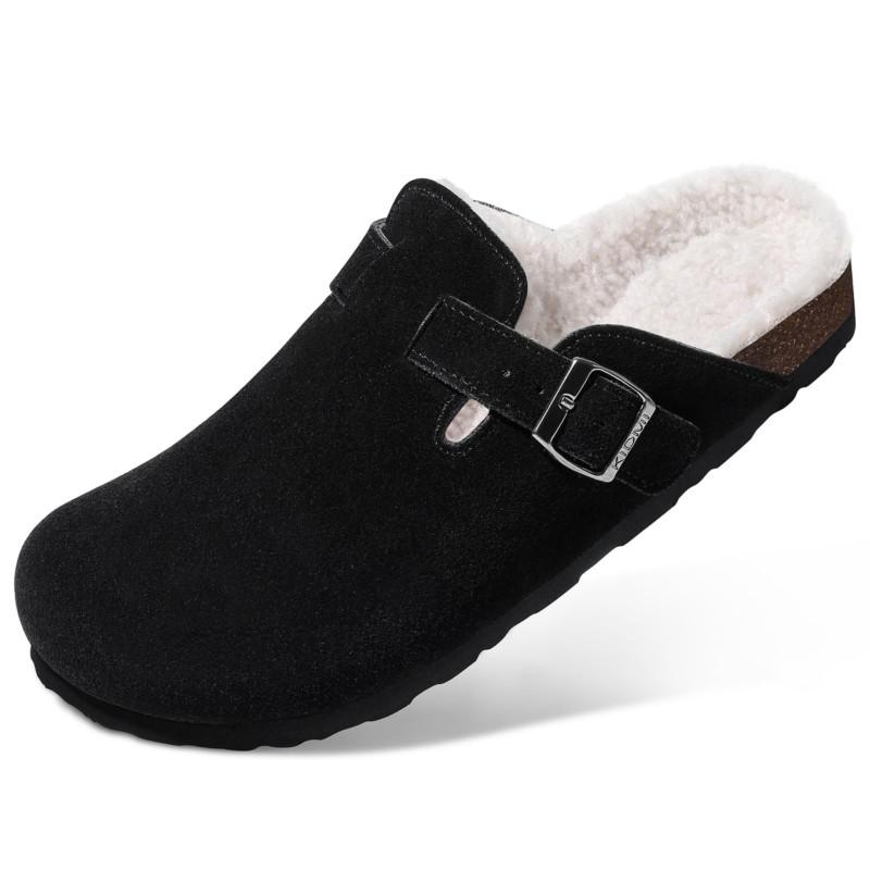 Eyriphy Winter Damen Fuzzy Pantoletten mit verstellbarer Schnalle zum Hineinschlüpfen, Korksohle, Kartoffelschuhe, Fellfutter, warme Damen-Wildleder-Clogs
