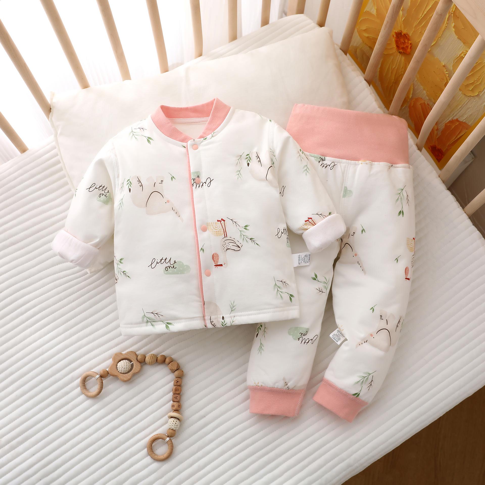 

Детский стеганый теплый комплект: Хлопковая пижама с высокой талией и защитой живота для осени/зимы 66 CM