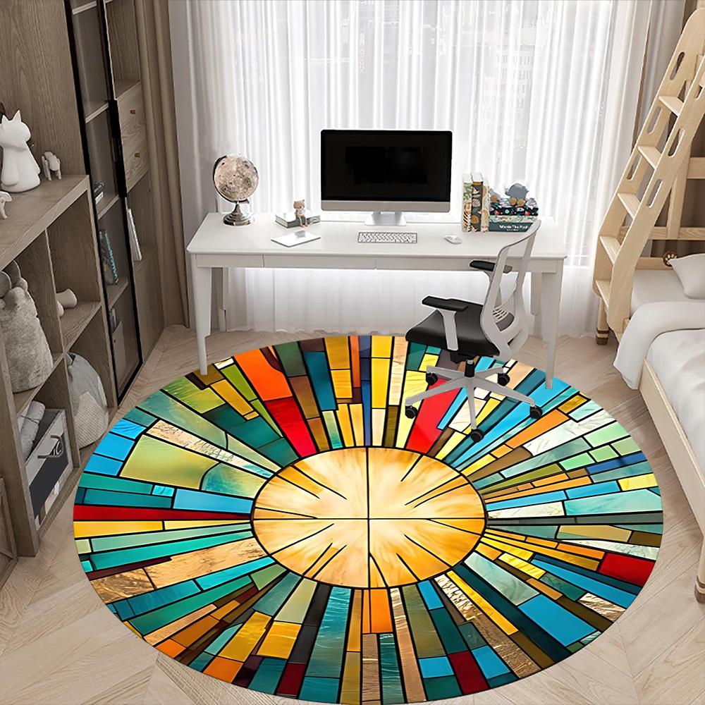 1pc Stained Glass Sunburst Office Round Area Rug, Indoor Mat Suitable ForOffice, Under Office Chairs Bedroom Living Room Home Decor, Room Deco D058