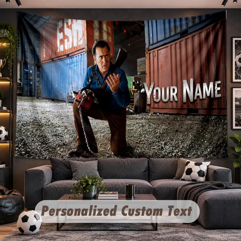 Evil Dead Ash Williams Personalisierte Wandteppich-Unterstützung mit individuellem Namen, Wandkunst Heimdekoration