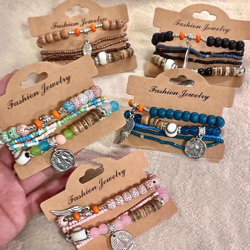 5Pcs Bohemian Multi-Layer Rice Bead Bracelet Wings Pendant Elastic Rope Bracelet Ethnic Style Jewelry