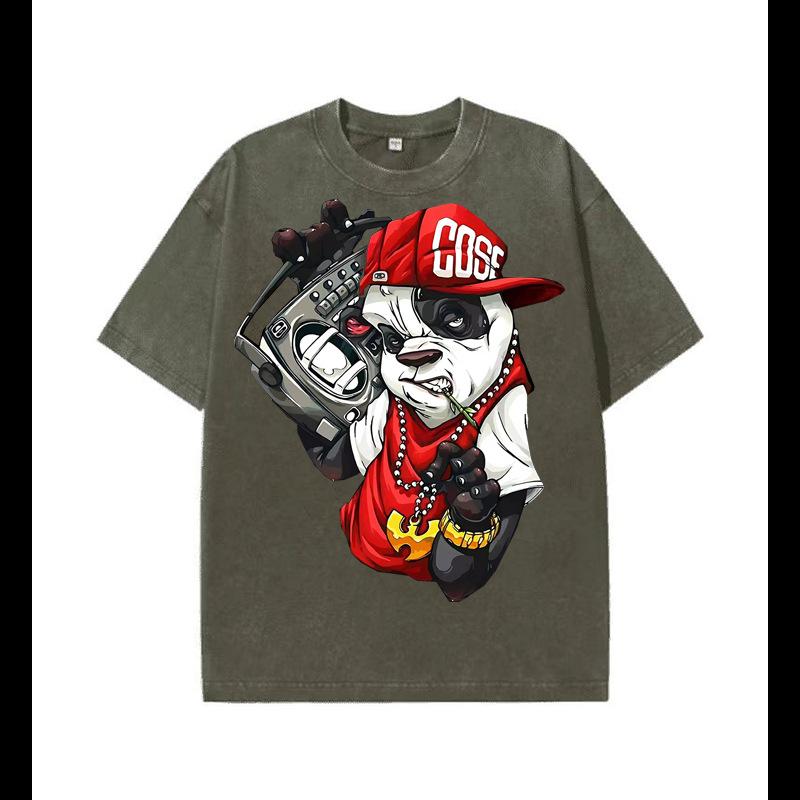 PAmerický retro vzor Hip Hop Medvěd Potisk Tričko Prané Bavlna Krátký Rukáv Letní Streetwear Vintage Unisex Top