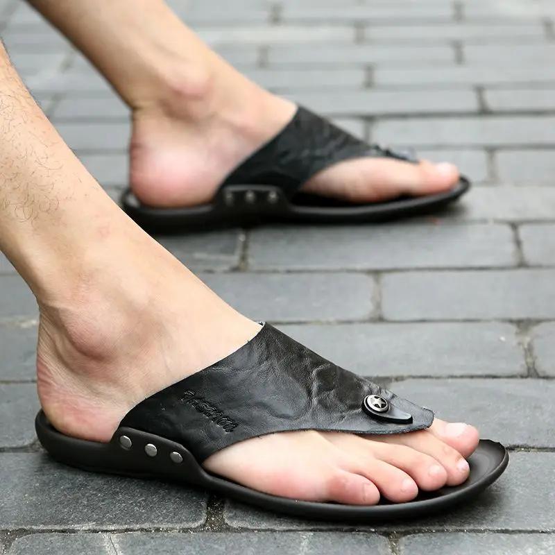 Fashion Men's Shoe Flat Outdoor Beach Leather Shiatsu Male Slipper Slides Flip Flops Original Y2k 2025 Style Cheap Shoes Liquidation Fun