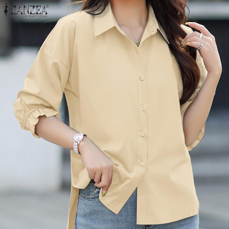 ZANZEA Women Casual Turn Down Collar Loose 3/4 Sleeve Hight Low Blouse