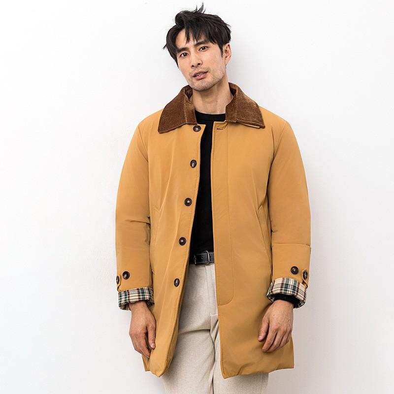 Mens Mid-Length Down Jacket Light Business Style Warm Winter Coat Slim Fit Solid Color Multiple Pockets