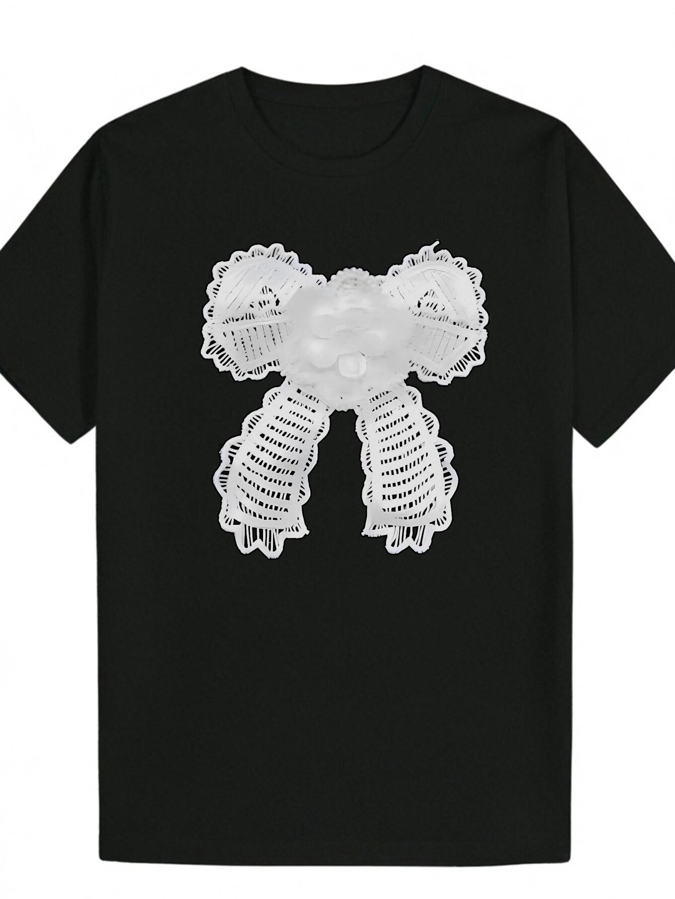 Crew Neck Polyester Animal Graphic T-shirt - White Lace Floral Design with Black Accents XL