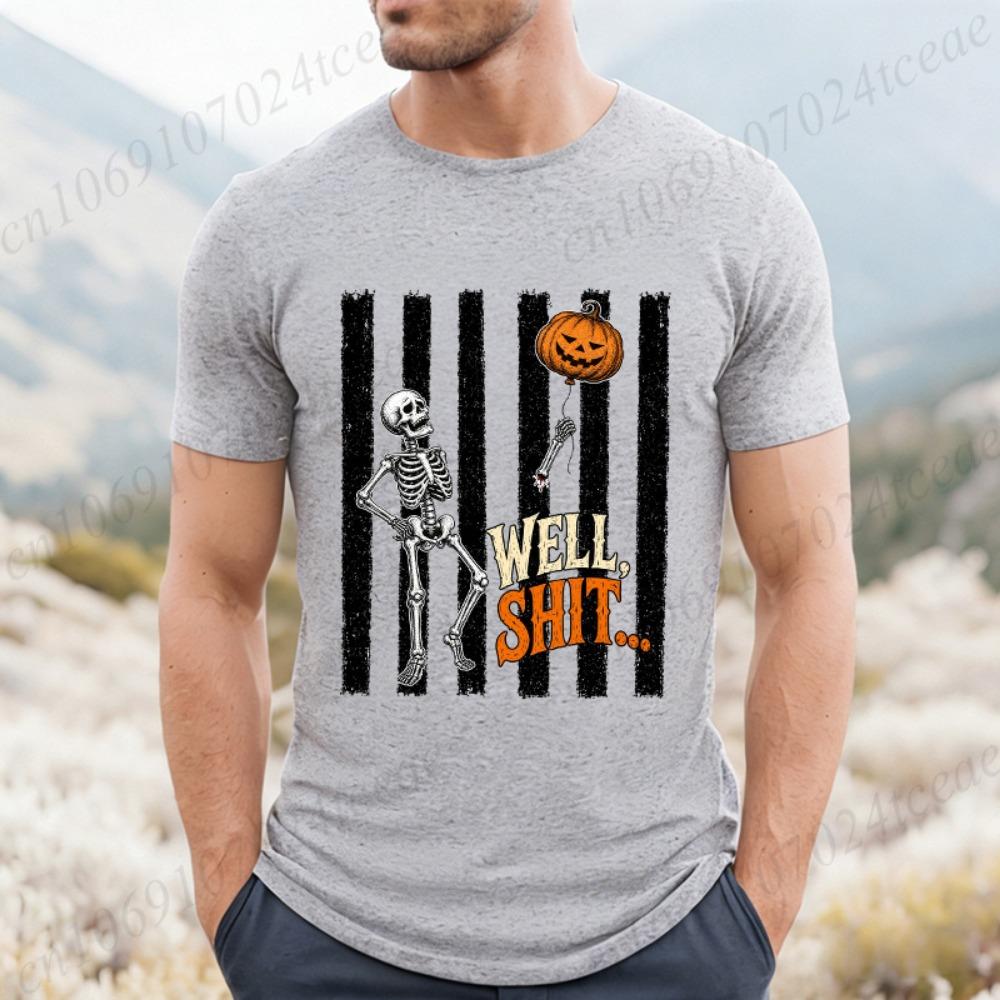 Skeleton Lost Balloon Print Men's T-Shirts Well Shit Funny Skeleton Shirts Dark Humor Halloween Design T-Shirts Gothic Tees Gift