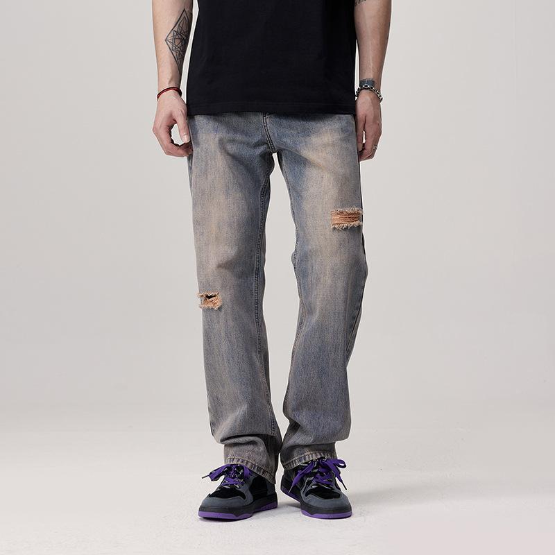 Jeans men's washed old ripped non-elastic floor-mopping pants straight loose trousers retro nostalgic high street jeans