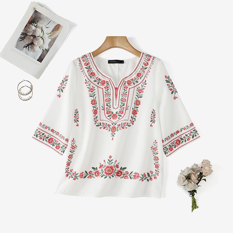 ZANZEA Women Casual Round Neck Ethnic Print Loose Half Sleeve Blouse