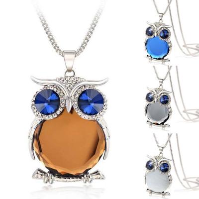 Women Owl Pendant Diamond Sweater Chain Long Necklace Jewelry