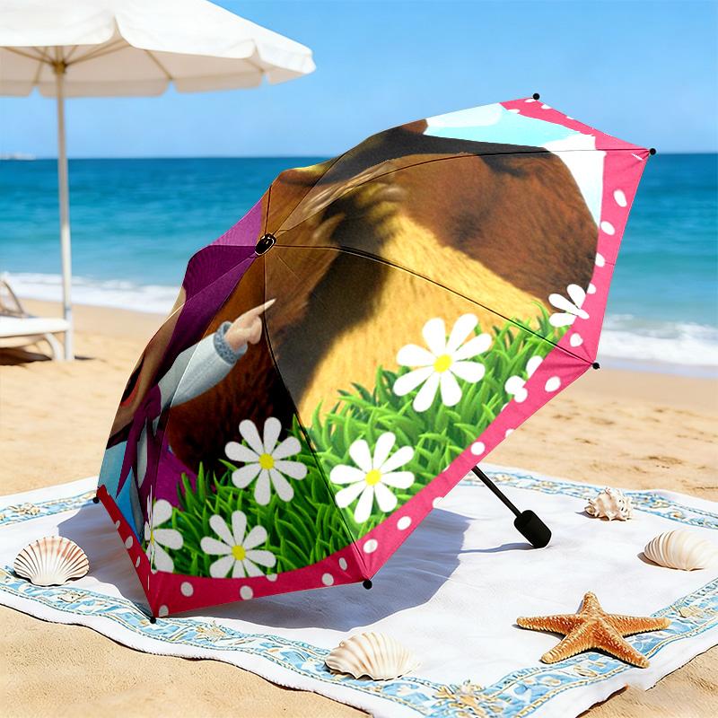 Cartoon Russian Animation Fairy Tale Masha and the Bear Cartoon Umbrella, a Must-have for Home and Outdoor Travel, Foldable Wrought Iron Umbrella W3