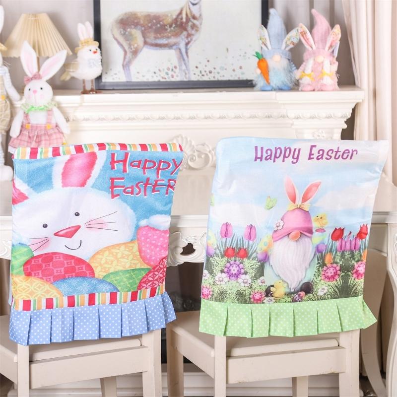 Rabbit Eggs Printed Chair Back Cover Easter Holiday Party Ruffle Hem Chair Slipcover Washable Furniture Protective Cover