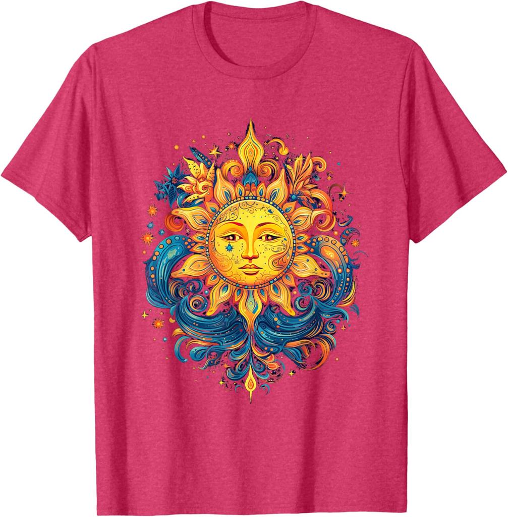 Mystical Sun Face Graphic Tee Men Casual Cotton Round Neck Vintage Aesthetic Print T-Shirt