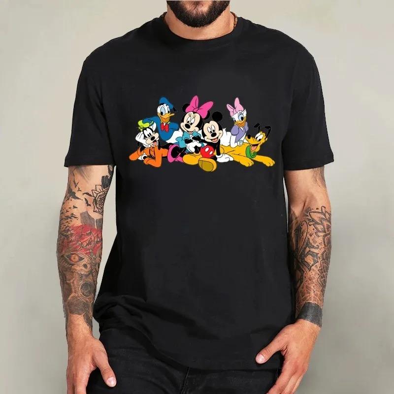 Cotton Black T-shirt for Men Disney Mickey Mouse Pattern Women's T-shirt Anime Tops Summer Fashion Couples Section Short-Sleeved
