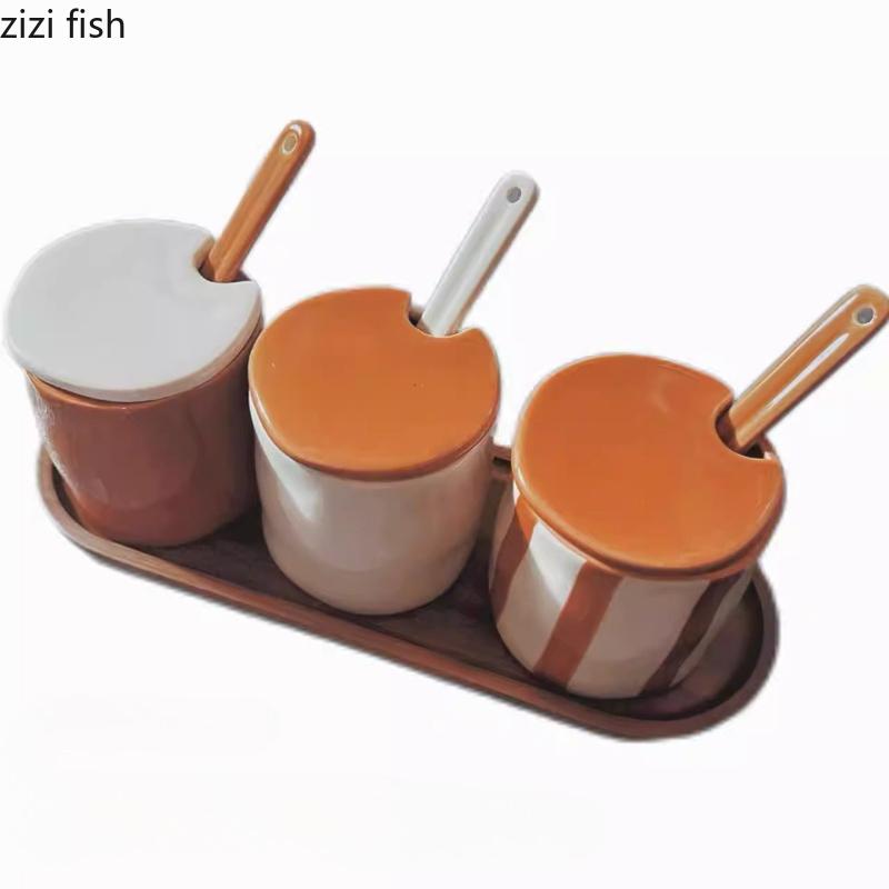 Striped Ceramic Seasoning Jar Kitchenware Spice Jar Salt Shaker Storage Tank Seasoning Box Condiment Bottle Spice Container