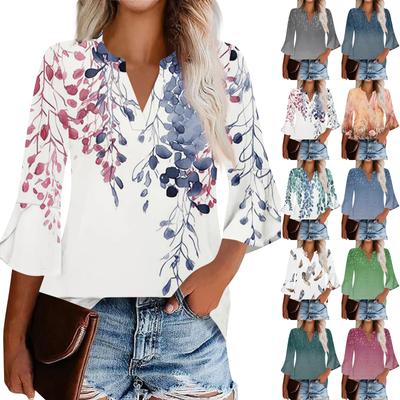 Γυναικεία πουκάμισα με μανίκια 3/4, μοντέρνα, casual, τυπωμένη μπλούζα με στρογγυλή λαιμόκοψη