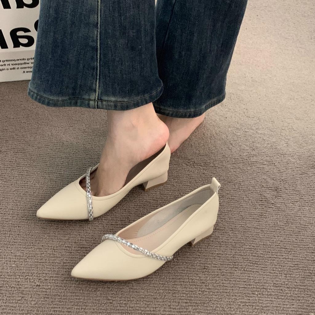 Medium heel milk khaki chain temperament pointed Mary Jane single shoes women's shoes spring and autumn evening commuting grandma shoes