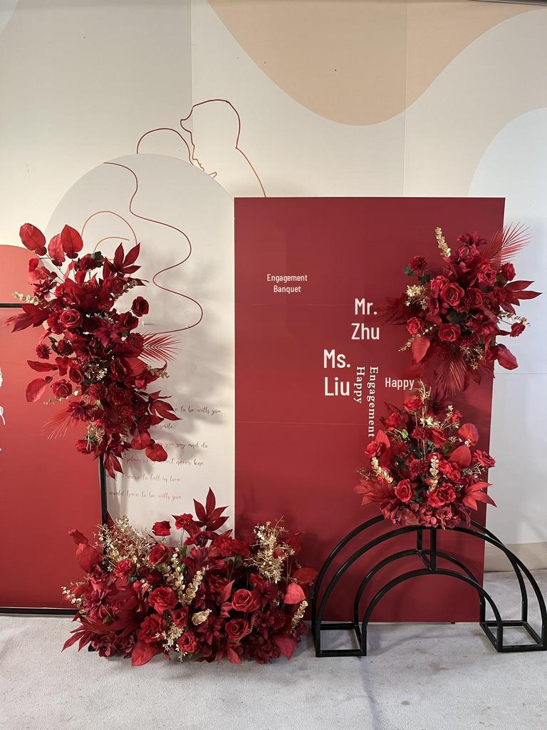 Silk Red Flower Aisle Runner & Floral Background for Chinese Wedding Engagement