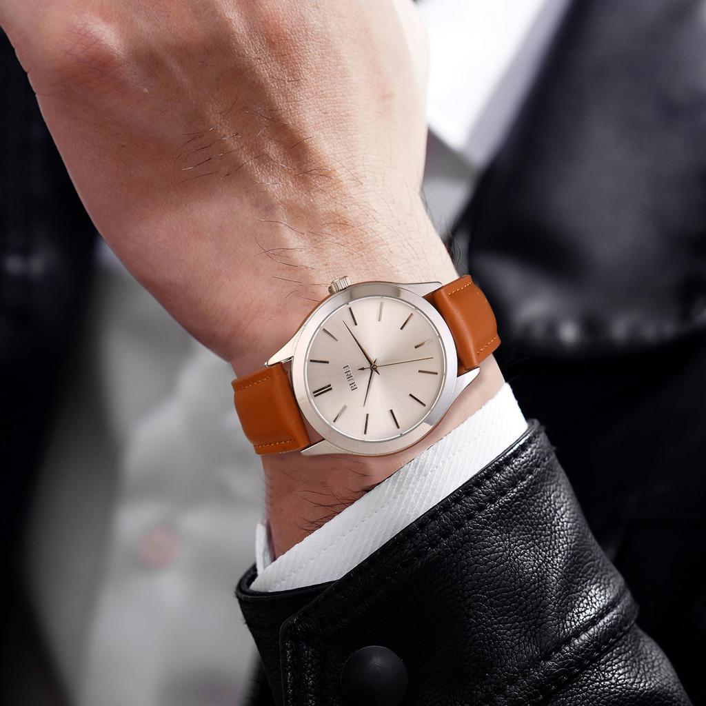 BUREI Zegarek kwarcowy analogowy z brązowej skóry, Zegarek męski, Wodoodporny, Pasek, Popularny, Smukły, Prosty, Stylowy, Biznesowy, Casualowy, Męski (Srebrny, Skóra)