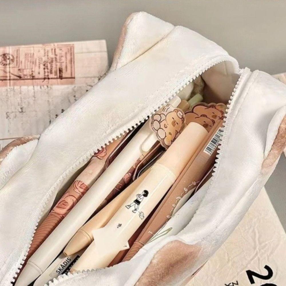 Cute French Toasted Pen Bag Plush Large Capacity Student Pencil Case Multi-function Funny Stationery Storage Bag Organizer
