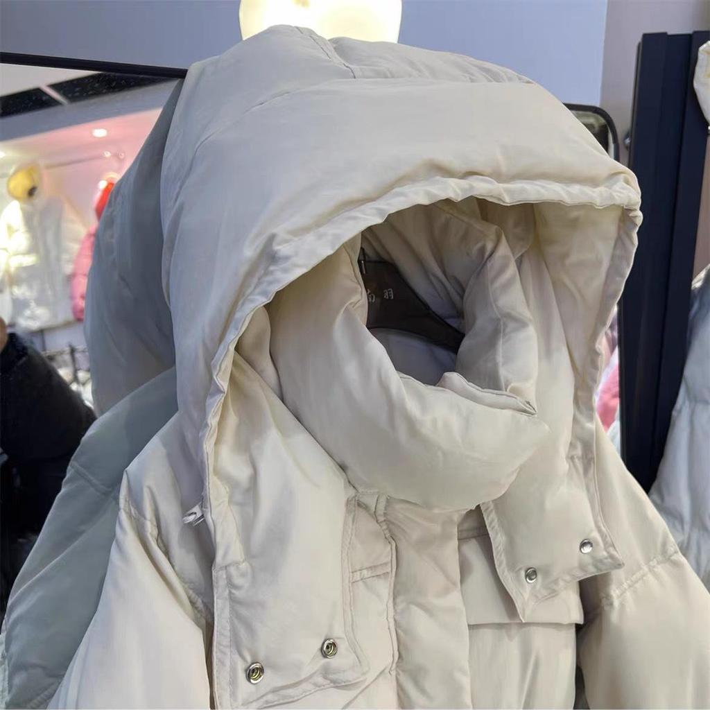 Women's Autumn Winter Down Jacket Short Hooded Single Breasted Loose Adjustable Waist Straight Tube White Duck Down Coat