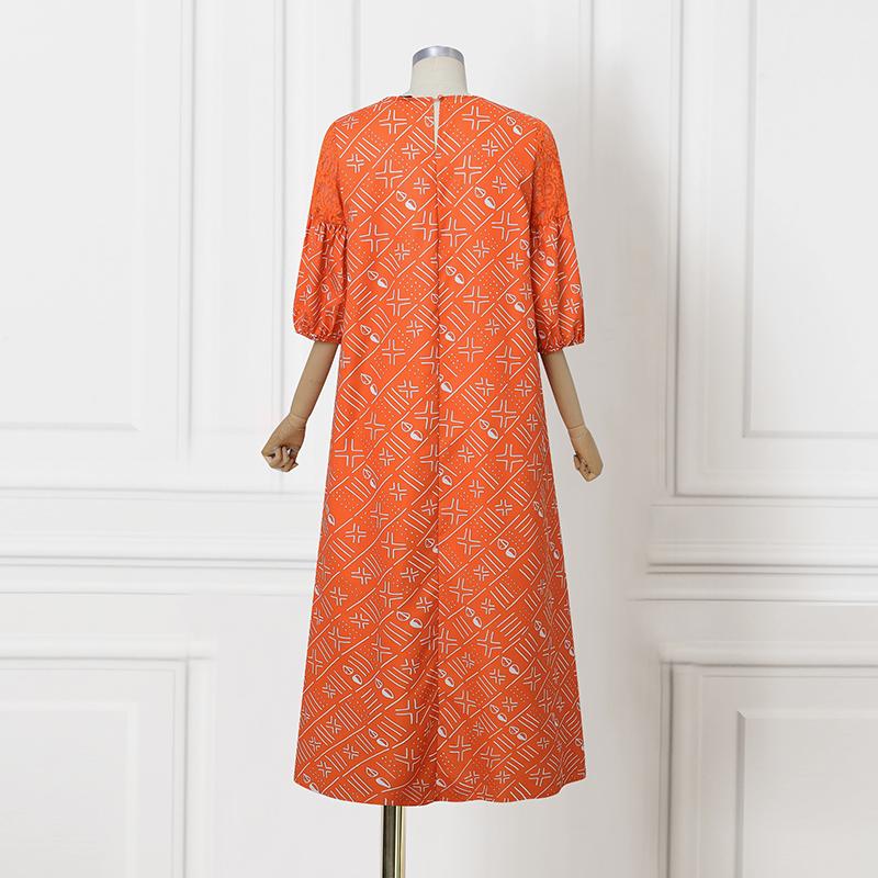 Oversized Women Lace Patchwork Puff Sleeve Print Casual Loose Pleated Long Dress