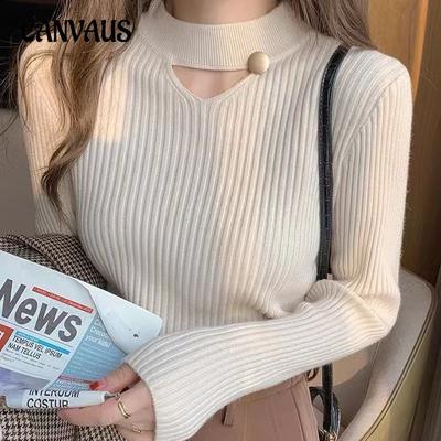 Ανοιξιάτικο και Φθινοπωρινό γυναικείο πλεκτό πουκάμισο με κάτω μέρος με κούφιο μακρυμάνικο πουλόβερ με λαιμόκοψη σε σχήμα V Σέξι μονόχρωμο πάτο Ευέλικτο πλεκτό εσωτερικά μπλουζάκια