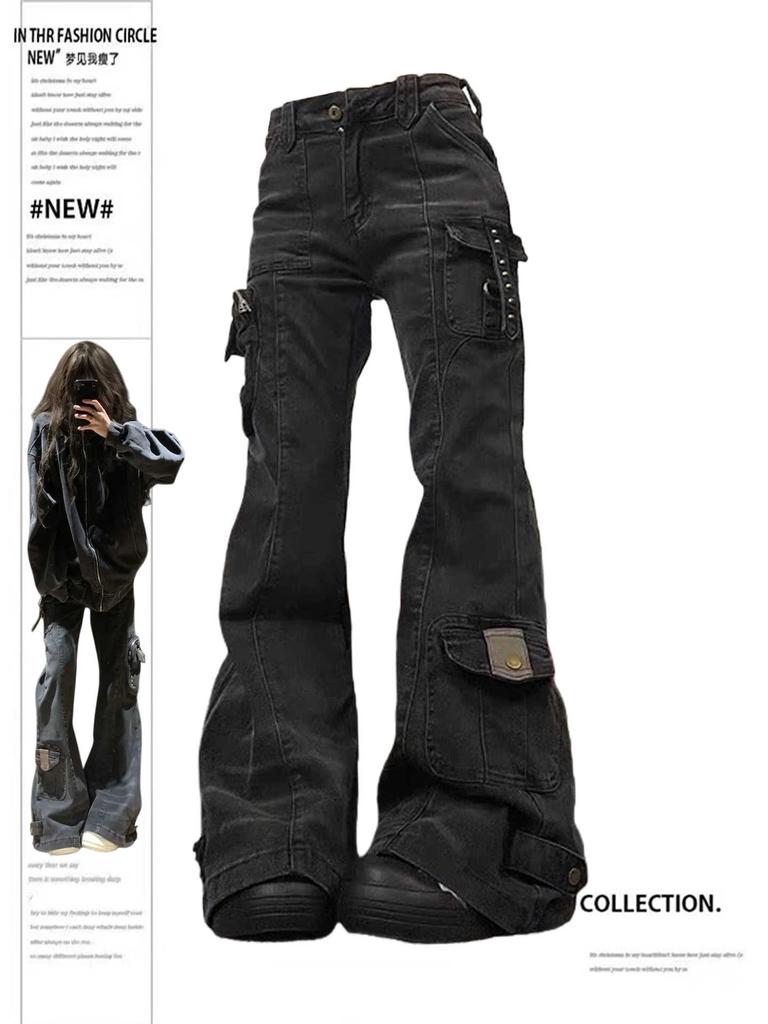 Women's Flare Cargo Jeans Harajuku Japanese Low Rise Denim Pants Abi Y2k Bell Bottom American Retro High Street Dark Academia