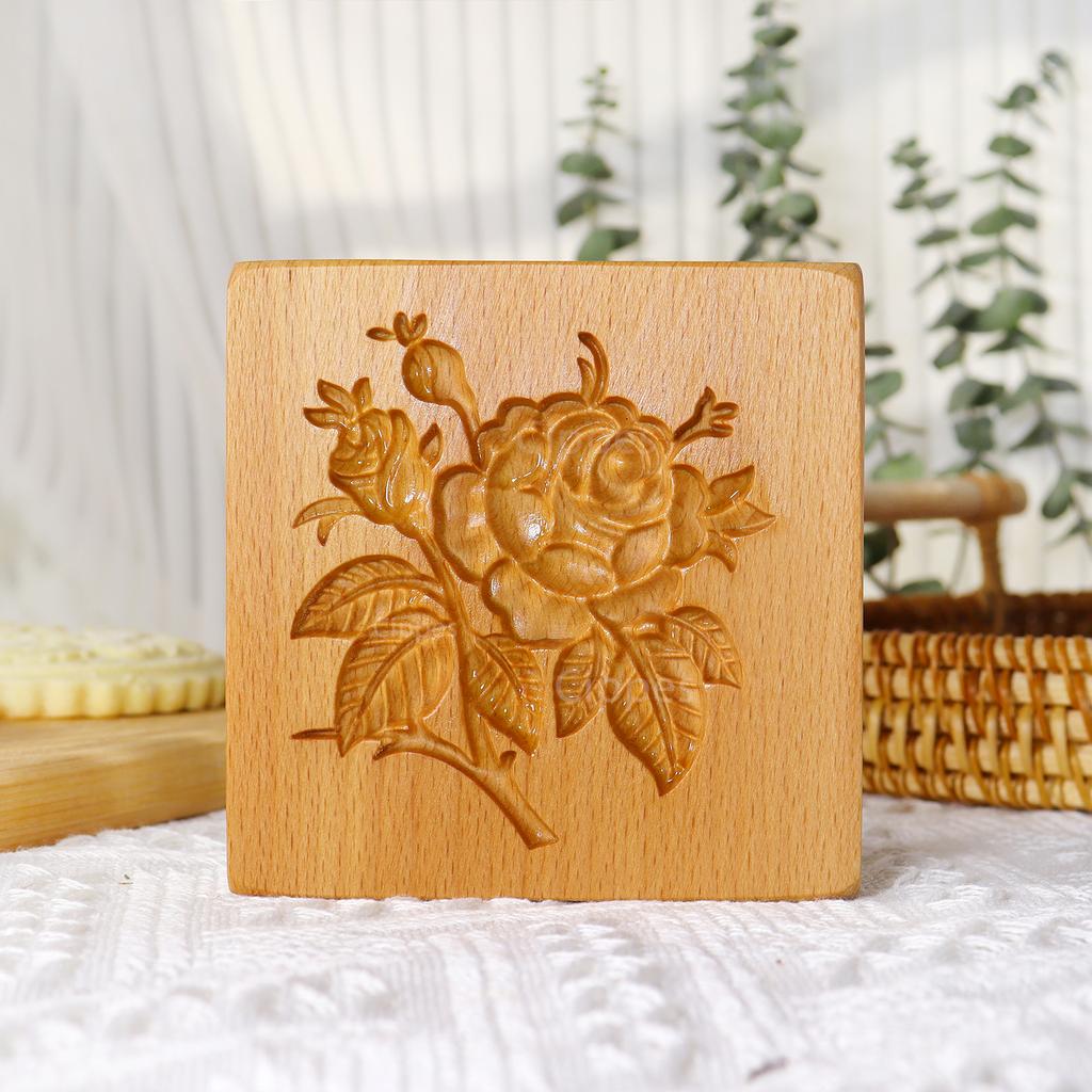 1PC Wooden Cookie Molds with Rose Flower Patterns, 3D DIY Carved Embossed Cookie Cutter Moulds for Baking, Fondant Cake Biscuit