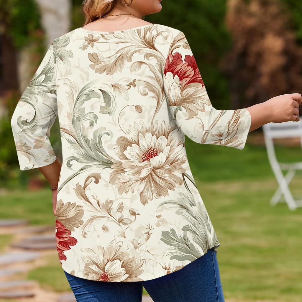 Women's Fashionable Casual Floral Print Plus Size Three-Quarter Sleeve Round Neck Top With Curved.
