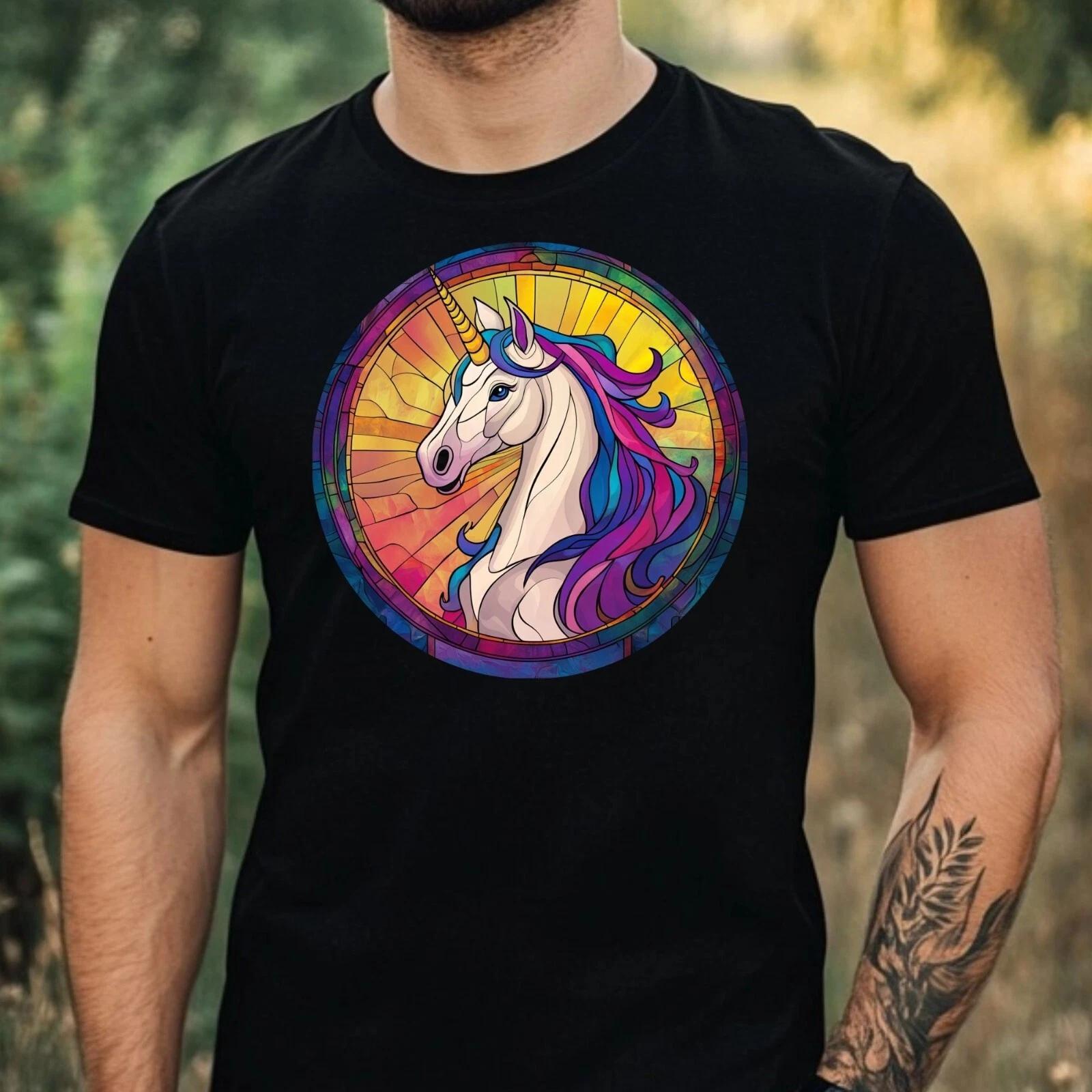 T-Shirt Herren Einhorn Buntglas Motiv Baumwolle Größe XS bis 5XL XXXL