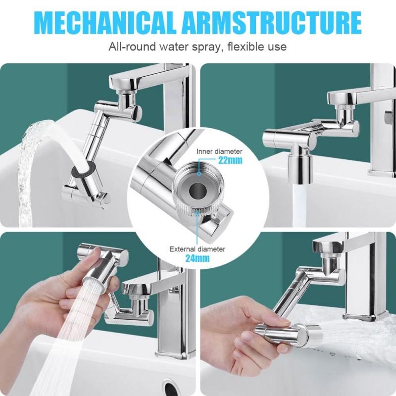 Retractable Universal 1440 Swivel Robotic Arm Swivel Extension Faucet Aerator Kitchen Sink Faucet Extender 2 Water Flow Mode