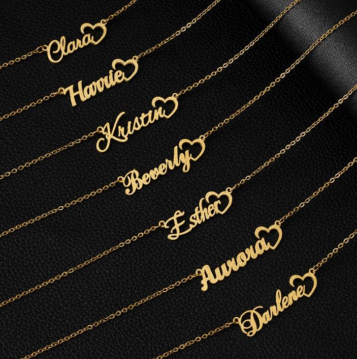 Qiuhan Valentine s Day DIY Stainless Steel Name Necklace Personalized Frosted Letter Pendant Custom Engraved Jewelry Gift Style&18inches(45.72cm) золотой
