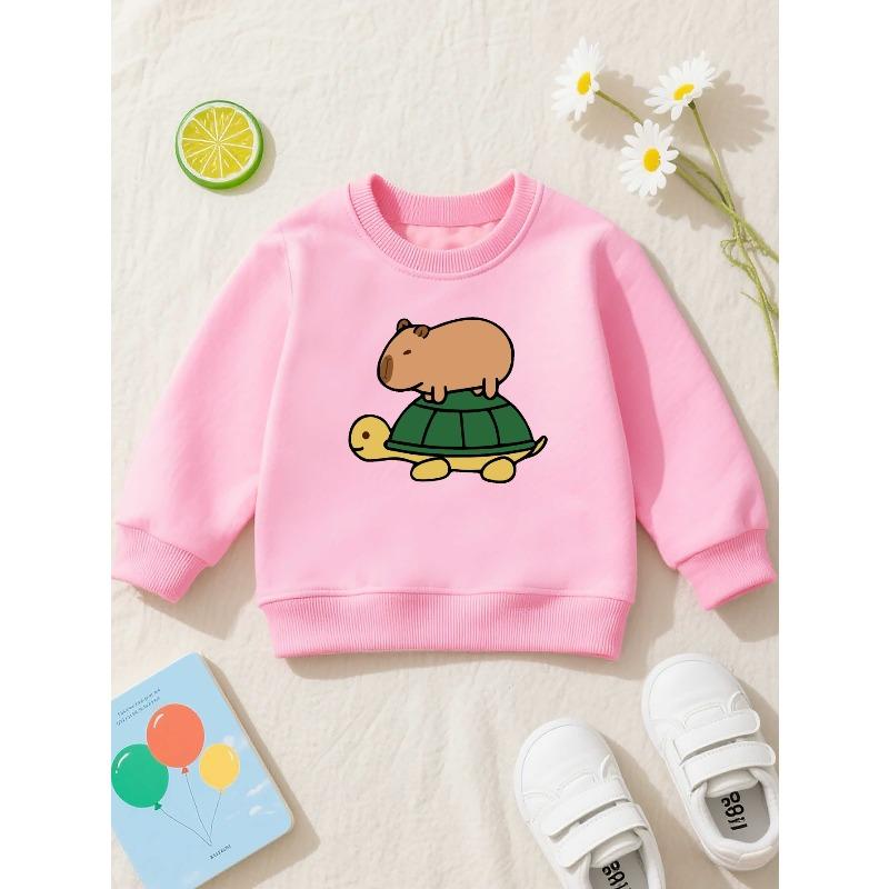 European sizes Kapibala And Turtle Animals children's crewneck sweatshirt, casual long-sleeve crewneck pullover with slightly stretchy fabric