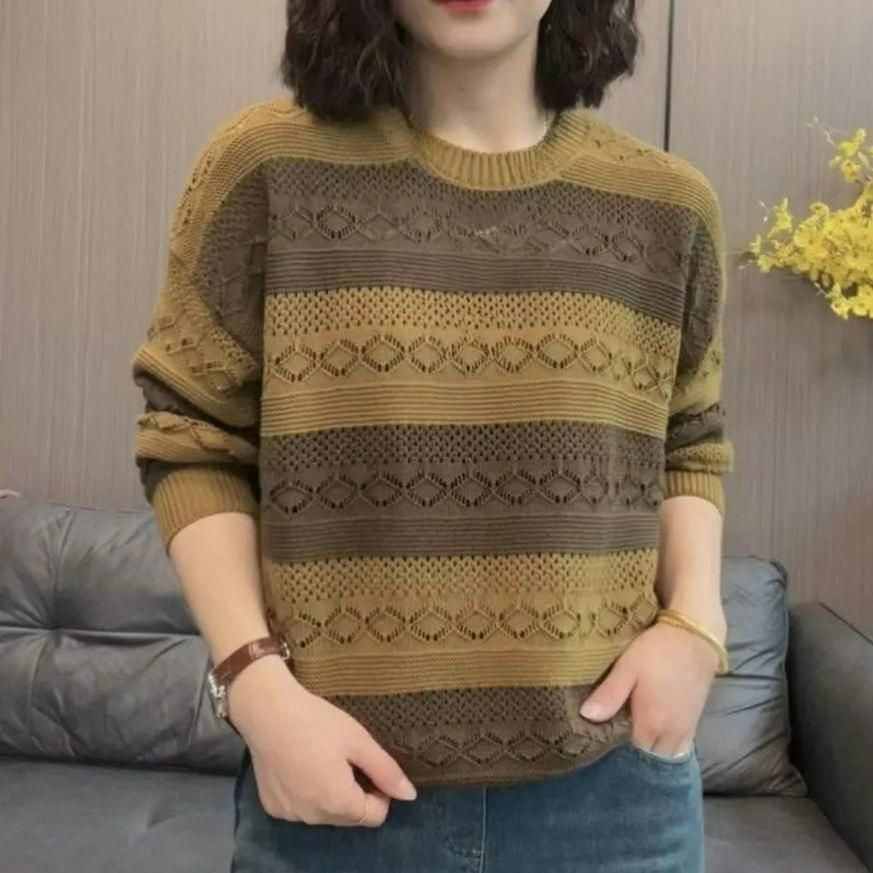 

Loose Belly-covering Middle-aged Mother Hollow Long-sleeved T-shirt Sweater Autumn Western Style Small Shirt Striped Age-reducing Bottoming Shirt XS