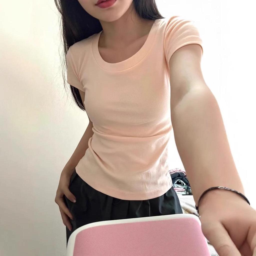 Women's Summer U-Neck Slim Fit Milk Yellow T-Shirt