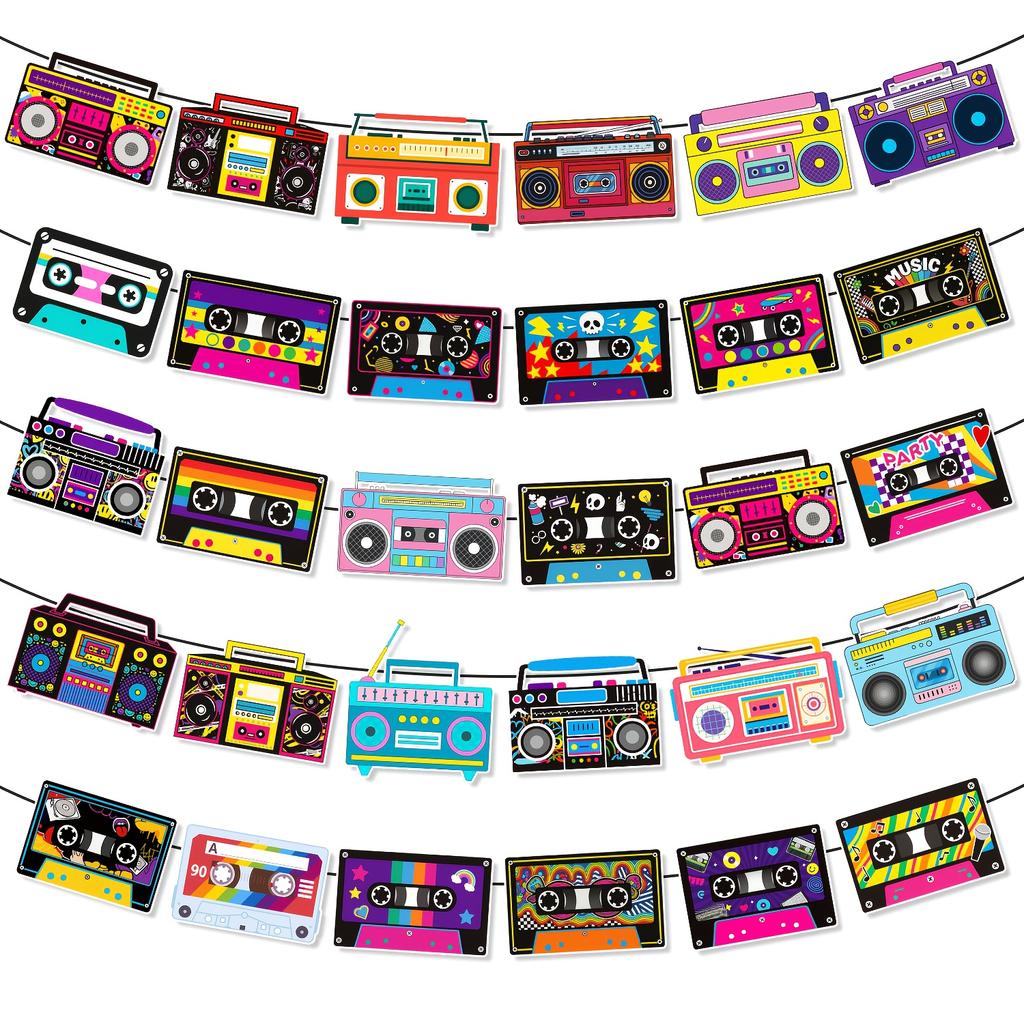 1 Sæt 80'er 90'er Hip Hop Fest Banner Boombox Radio Kassette Silhuet Guirlande Retro Musik Fødselsdagsdekoration Fødselsdags Hængende Flag 5