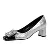 Fashion Retro Style Autumn Winter New Women Shoes Thick Heel Middle Heel Square Head Rhinestone Splicing Thin Single Shoe Crystal Buckle