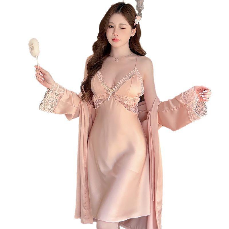 Women's Ice Silk Pajamas Summer Thin Suspender Nightgown Sexy Pure Desire Nightgown Two-piece Set Spring and Autumn Loungewear with Chest Pad