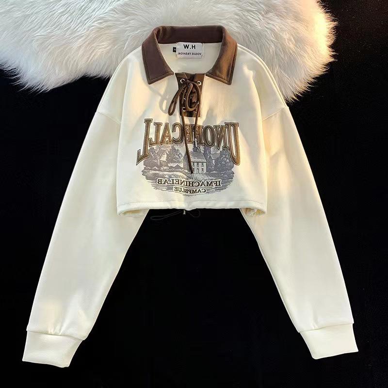 Dámská mikina slim-fit s retro barevným blokováním na šněrování s polokošilí, dlouhý rukáv, korejský styl na jaro/podzim