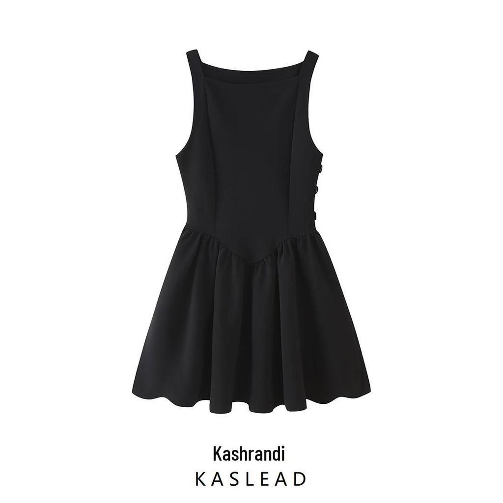 2025 Spring Women's European & American Style Pleated Boat Neck Slim Sleeveless Dress