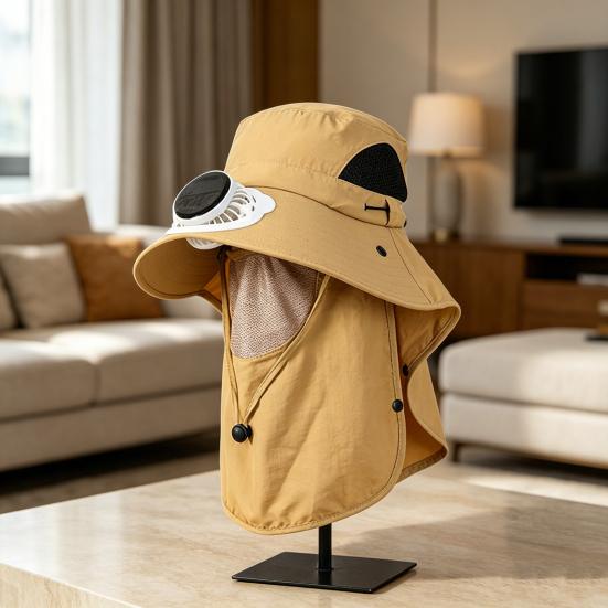 Chapeau Ventilateur Solaire Chapeau Ventilateur de Refroidissement d'Extérieur avec Rabat pour le Cou Protection Faciale Bord Large Respirant Chapeau de Protection Solaire pour Randonnée Pêche