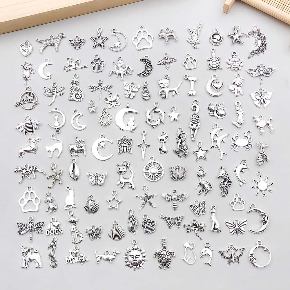 Set di 100 Ciondoli Gatto Farfalla Luna Argento Antico per Braccialetti e Collane Fai da Te