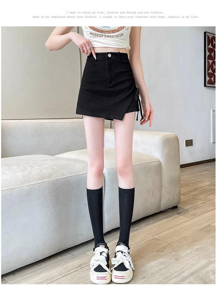 2024 Summer Women's Black Spicy Girl Ruched High Waist Irregular A-line Mini Skirt Pants