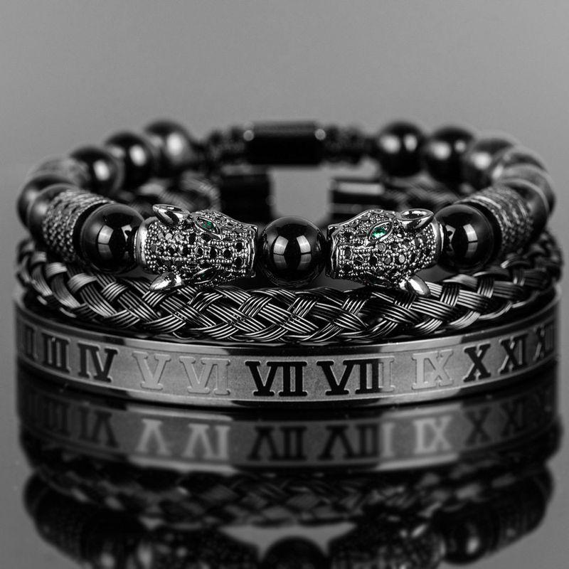 Men Black Double Leopard Head Braided Bracelet Stainless Steel Roman Numeral Bracelet Suit Fashion Retro Style