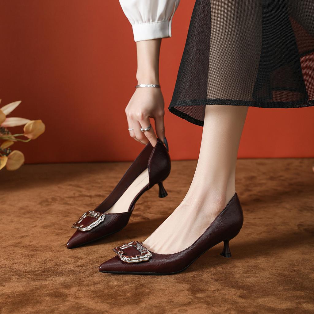 High-end Side Empty High Heels, Red Thin Heel 5cm Soft Sole, Not Tired Feet, Pointed Women's Fashion Square Buckle Single Shoes Women