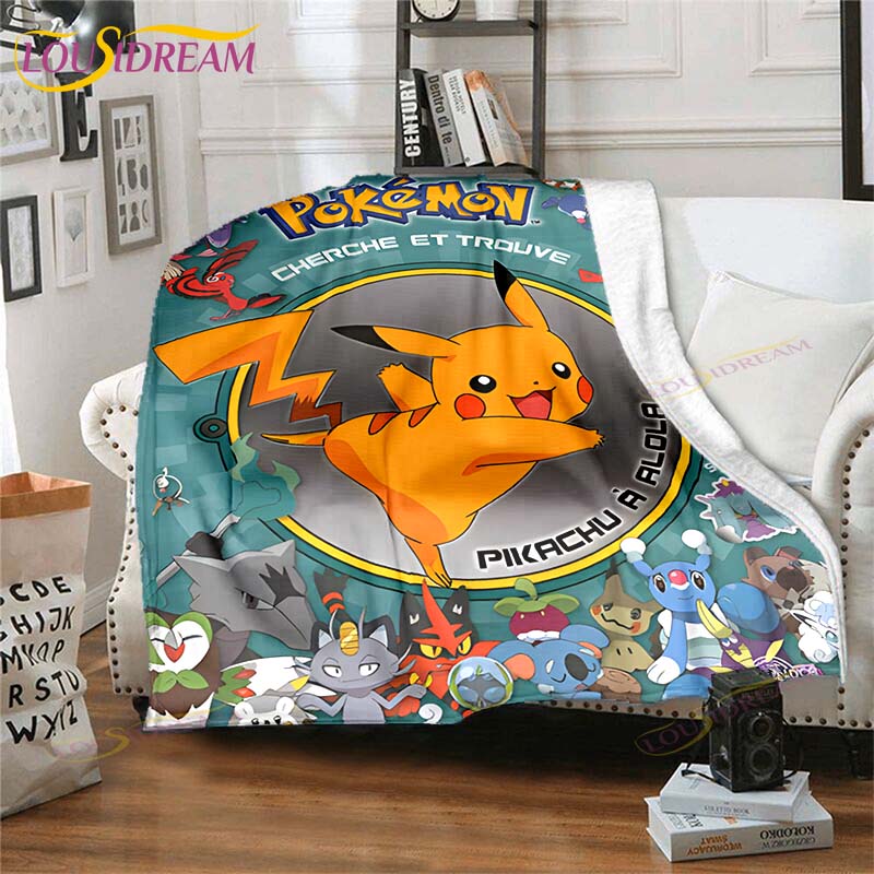 Cartoon Pokemon Printed Pikachu Fleece Plush Blanket Soft Warm Blanket for Adults and Children Bedroom Sofa Gift  Picnic Blanket
